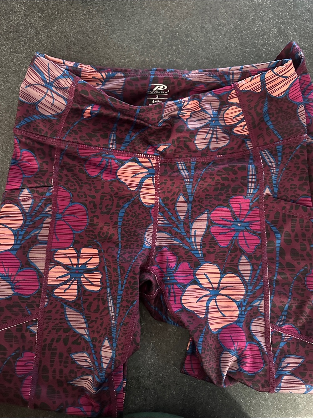 Danskin Maroon Floral Performance Leggings with Pink & Blue Blooms